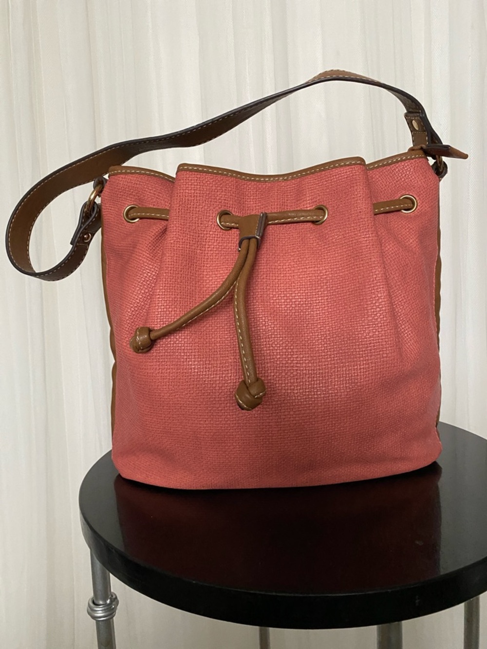 KBG Studio Women's Coral PVC Drawstring Shoulder Bucket Bag with Tan Trim